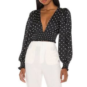 For Love & Lemons Carissa Crop Top Smocked Satin V Neck Voluminous Sleeve Blouse